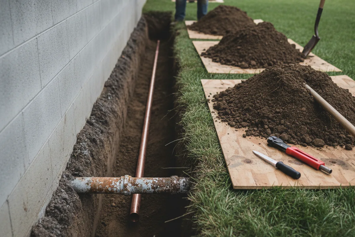 Excavated water line trench during Sewer Line Repair in Merrill
